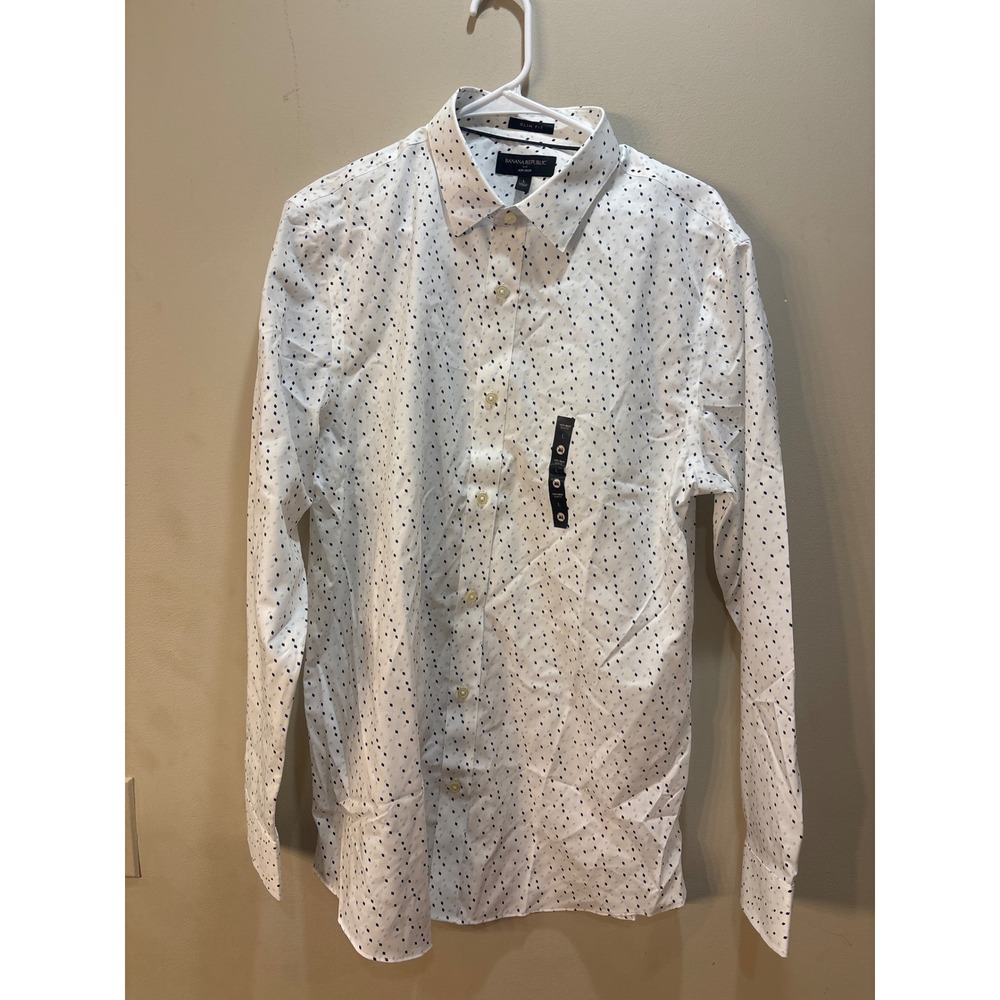 NWT Banana Republic Mens Slim Fit Non-Iron Shirt White Blue Geometric Diamond L
